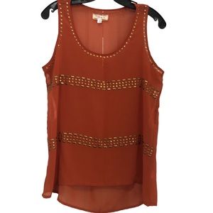 The Clothing Co. Sleeveless Rust Orange Blouse with Bronze Metal attachments SZM
